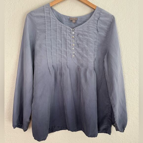 J. Jill 100% Silk Blur Periwinkle Babydoll Top Long Sleeve Buttons Pleat Dip Dye - Picture 1 of 7